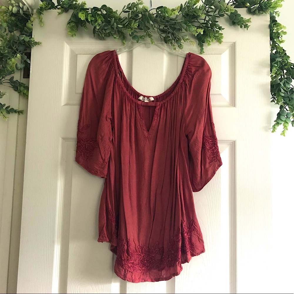 Red Burgundy Off the Shoulder Embroidered Top